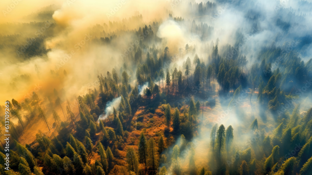 Naklejka premium Burning trees from wildfires and smoke cover the landscape, aerial view