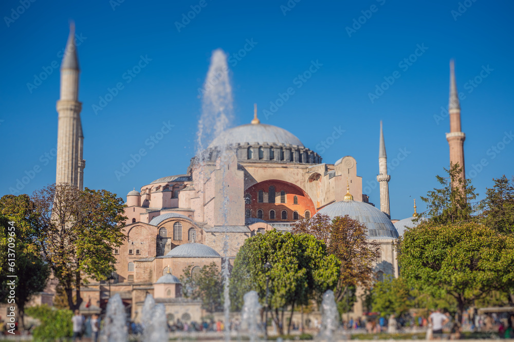 Fototapeta premium Sunny day architecture and Hagia Sophia Museum, in Eminonu, istanbul, Turkey. Turkiye