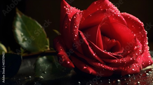 Close up beautiful wet red rose flower with some leaves and water droplet looks fresh laying on the studio set black background. Generative AI technology.