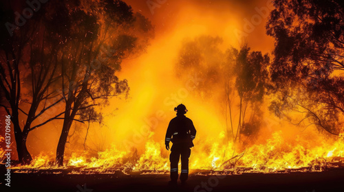 Silhouette of fireman fighting bushfire at night, man against the fire