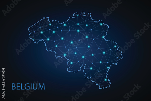 Abstract mash line and point scales on dark background with Map of Belgium. Wire frame 3D mesh polygonal network line, design sphere, dot and structure. communications map of Belgium.