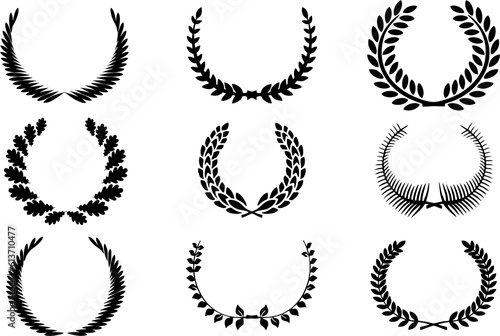 New modern Collection of silhouette of circular laurel wreaths depicting award or achievement.  Circular foliate laurels branches.Reuse in award logo, winner round emblem. photo