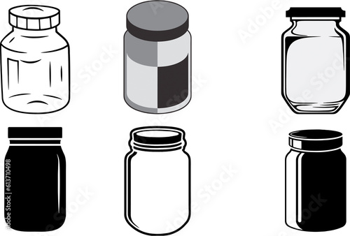 Glass jar icons set. Bottle sign collection. conservation symbol on white background. High resolution illustration to reuse in product packing, printing and marketing on media and web.