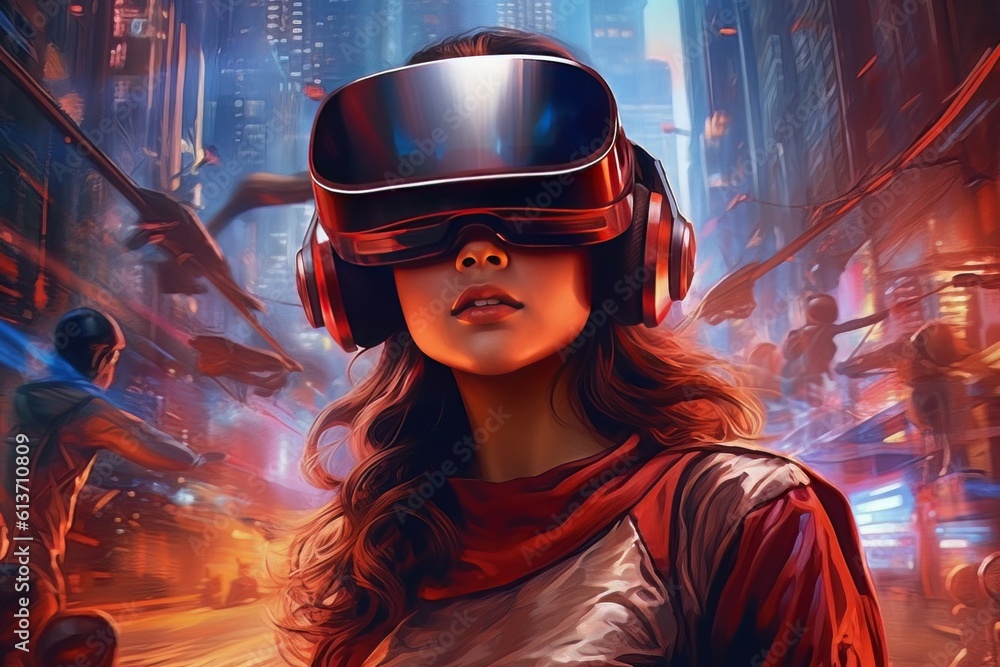 Beautiful cyber woman face in virtual reality glasses isolated on neon background AI Generative AI Beautiful cyber woman face in virtual reality glasses isolated on neon background AI Generative AI