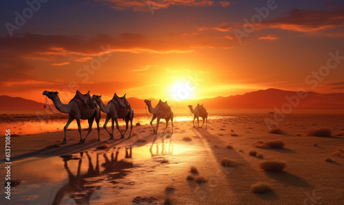 camel caravan in the desert 