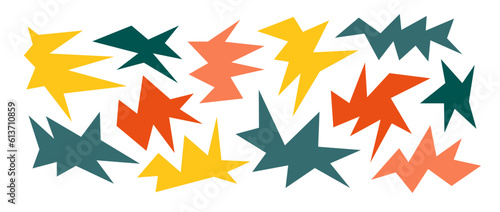 Colorful sharp asymmetric shapes set. Abstract bright geometric edgy elements collection. Irregular angular forms for banners, collages, posters, stickers, decoration. Design bundle vector. 