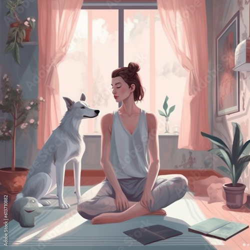 dog yoga woman home training body sport lifestyle fitness cartoon meditation. Generative AI.