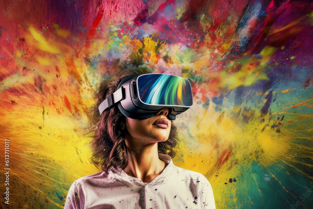 Beautiful cyber girl face in virtual reality glasses isolated on neon background AI Generative AI Beautiful cyber girl face in virtual reality glasses isolated on neon background AI Generative AI