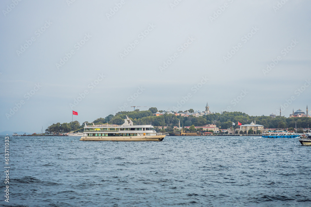 Muslim architecture and water transport in Turkey - Beautiful View touristic landmarks from sea voyage on Bosphorus Muslim architecture and water transport in Turkey - Beautiful View touristic landmarks from sea voyage on Bosphorus