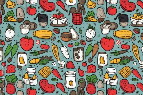 Farm-to-market charm: A seamless pattern featuring line icons of fruits, vegetables, honey, eggs, meat, and fish, capturing the essence of a vibrant farmer's market. Generative AI