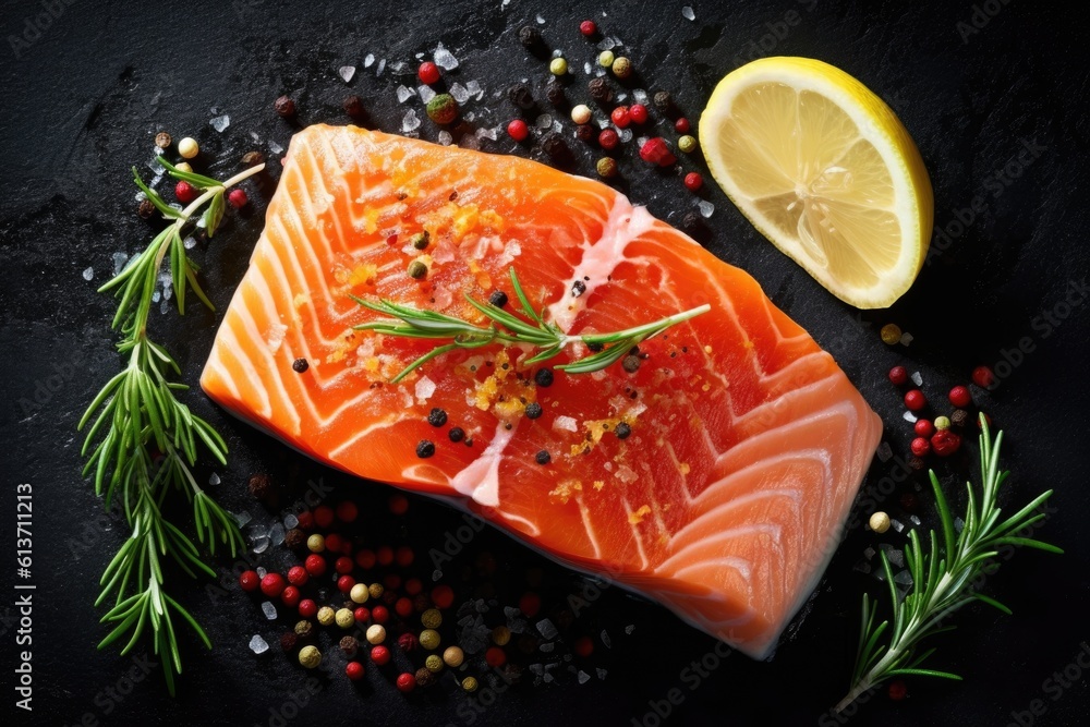 photograph of Fresh raw salmon fish steak with spices on dark stone ...