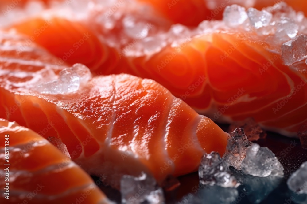 photograph of Salmon fillet on ice macro lens soft lighting