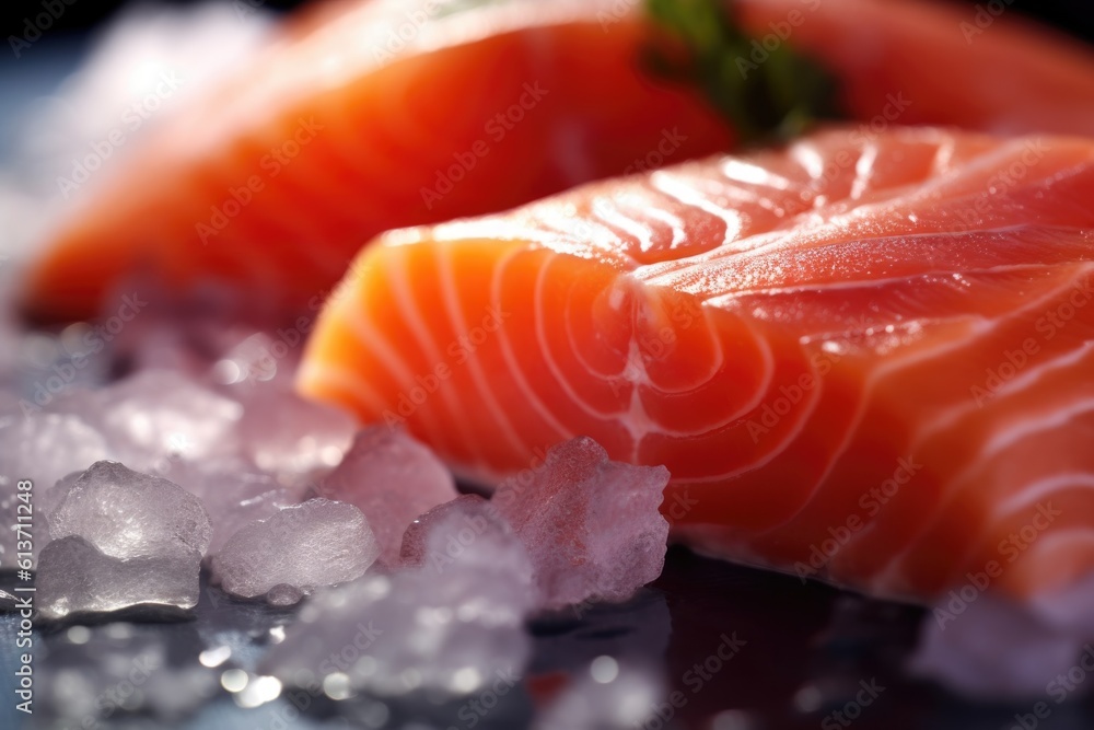 photograph of Salmon fillet on ice macro lens soft lighting photograph of Salmon fillet on ice macro lens soft lighting