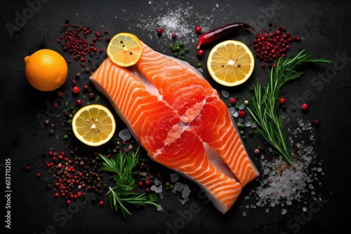 photograph of Fresh raw salmon fish steak with spices on dark stone background. Creative layout made of fish, top view, flat lay macro lens soft lighting