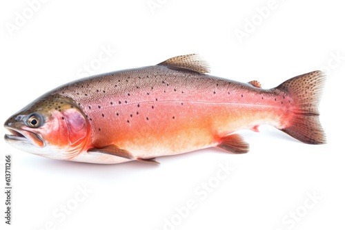 photograph of salmon fish isolated on white background macro lens soft lighting