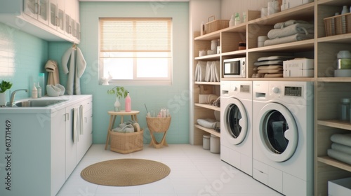 Wallpaper Mural Interior of home laundry room with modern washing machine WhiteLaundry room interior with washing machine, basket, and white shelves. Torontodigital.ca