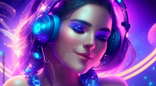 beautiful girl with headphones enjoying music with closed eyes and smile, fashion glamour style