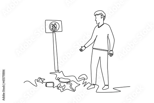 Continuous one line drawing littering waste pile disposed on the street. Single line draw design vector graphic illustration.