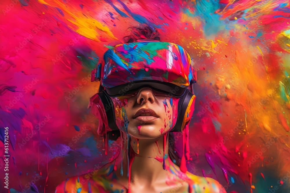 Beautiful cyber girl face in virtual reality glasses isolated on neon background AI Generative AI Beautiful cyber girl face in virtual reality glasses isolated on neon background AI Generative AI