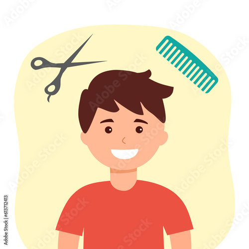 Kids haircut concept vector illustration. Boy child with hair scissors and comb in flat design.
