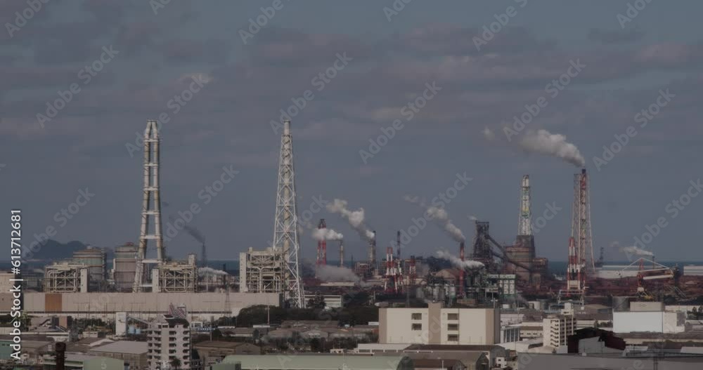 Japanese Industry and Chimney Smoke Stacks Factory In Industrial Park In Kokura, Japan, Asia Japanese Industry and Chimney Smoke Stacks Factory In Industrial Park In Kokura, Japan, Asia