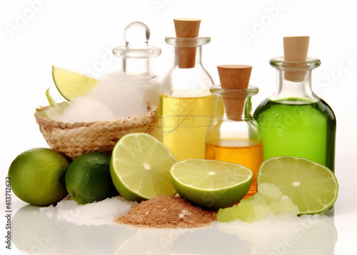body natural treatment organic oil skincare lemon bottle lime spa. Generative AI.