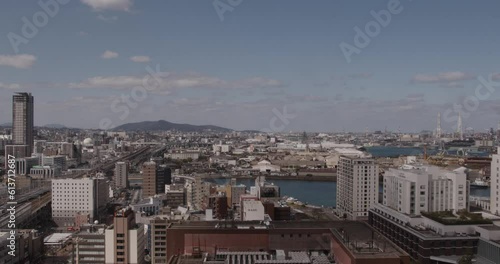 Super Wide of Japanese Cityscape, Kokura, Kitakyushu, Japan with Shinkanzen Bullet Train, Mountains and River photo