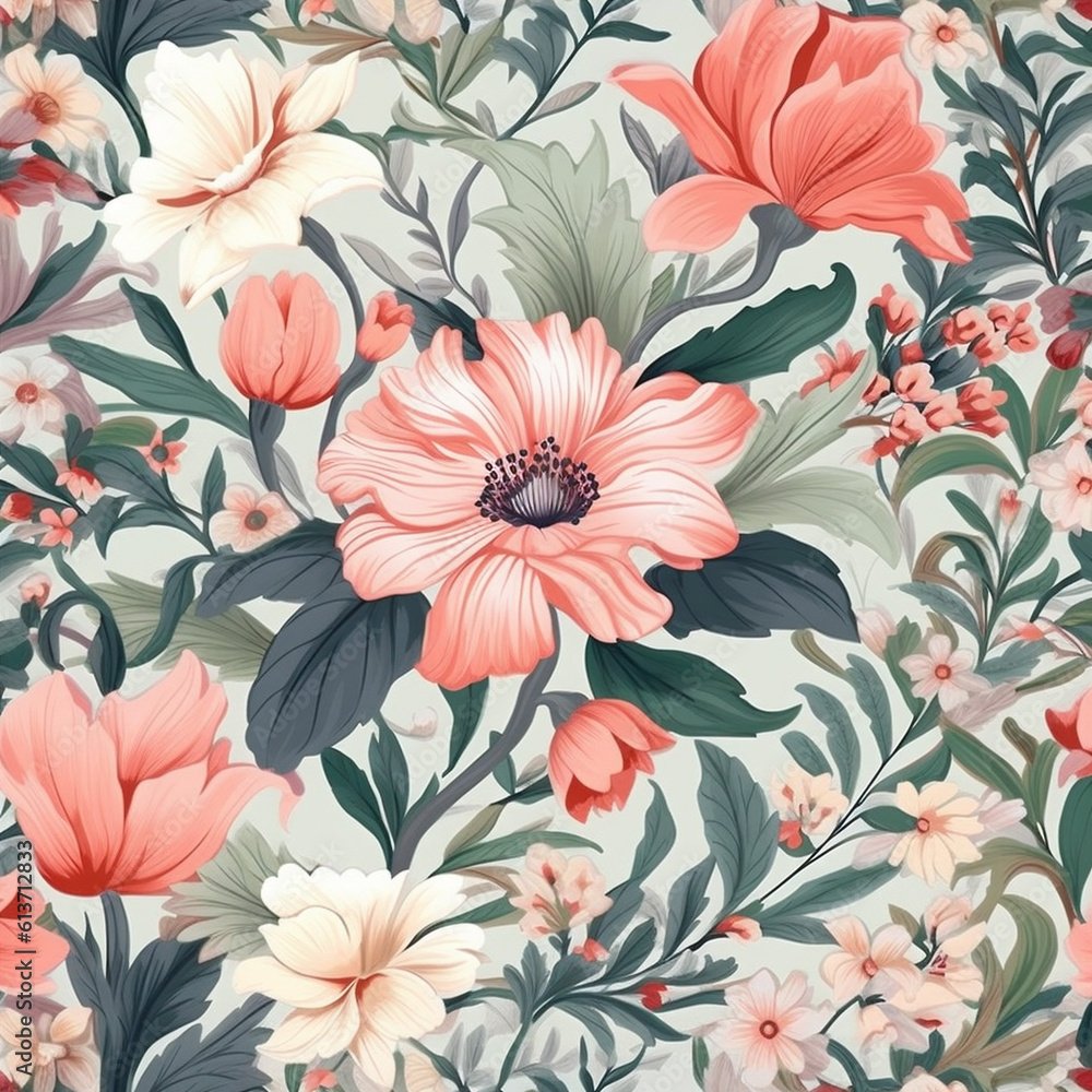 spring art drawing flower fabric wallpaper leaf summer pattern textile. Generative AI. spring art drawing flower fabric wallpaper leaf summer pattern textile. Generative AI.