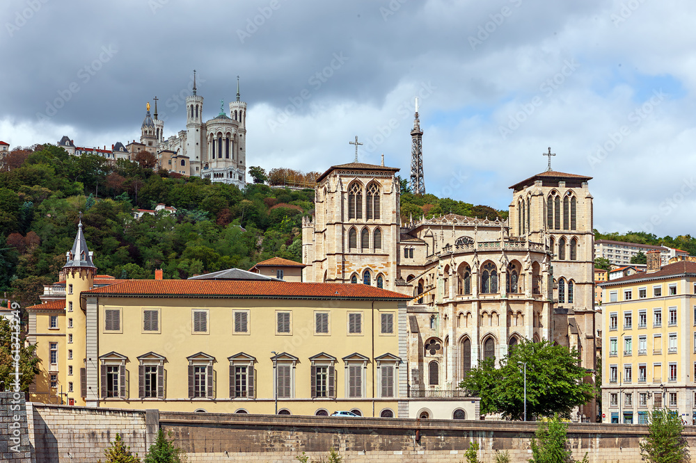 View of the Basilica of Notre-Dame de Fourviere from the banks of the Saone River in Lyon