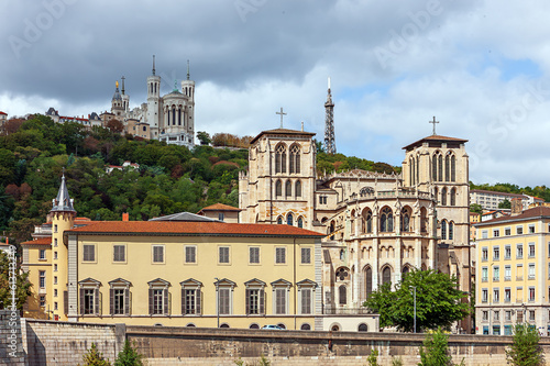 View of the Basilica of Notre-Dame de Fourviere from the banks of the Saone River in Lyon