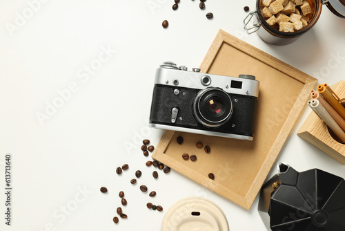 Concept of leisure and photo hobby with retro photo camera photo