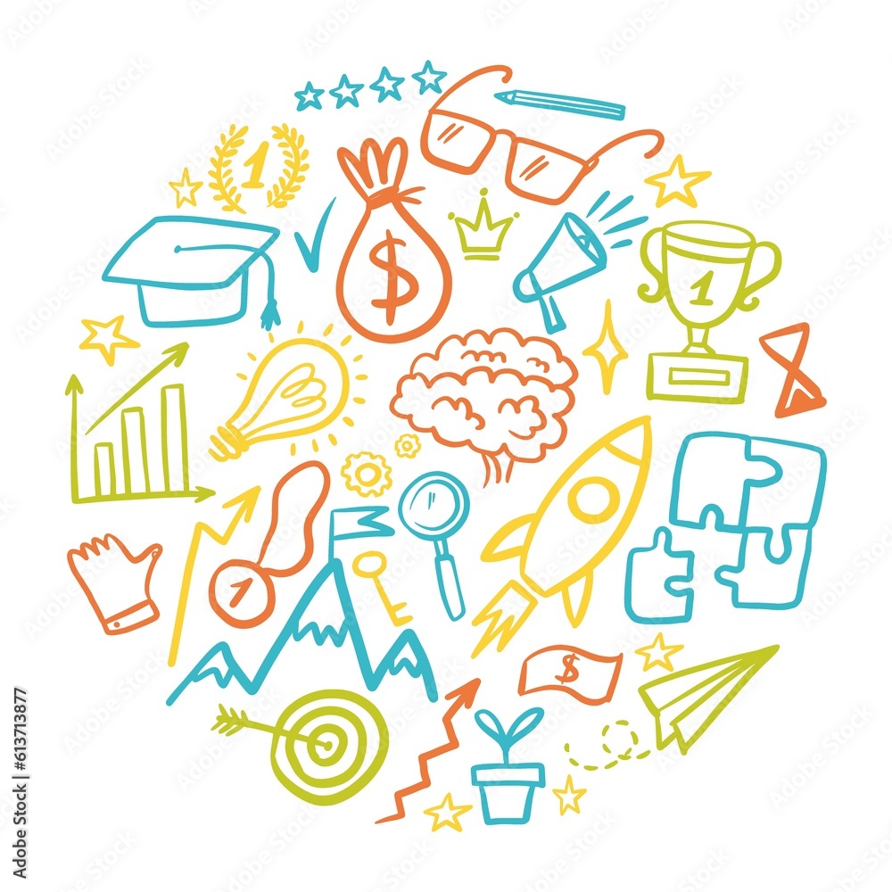 Round illustration of a collection of badges of business success and victory, hand-drawn in the style of doodles. Round illustration of a collection of badges of business success and victory, hand-drawn in the style of doodles.