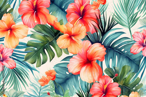 Wallpaper Mural Watercolor hibiscus flowers , Floral and leaves background. AI-generated image Torontodigital.ca