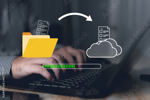 Data transfer through cloud technology Exchange data with modern internet technology that is fast and secure Internal document backup on online databases,Transfer files data system relocation concept photo