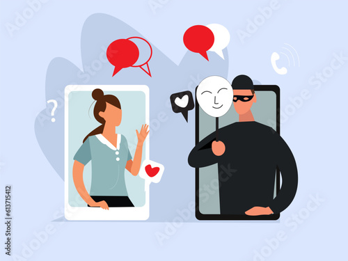  girl communicates on the phone with a scammer. online fraud, online dating, cybercrime. vector illustration.