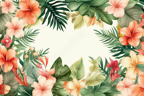 Watercolor hibiscus flowers   Floral and leaves background. AI-generated image