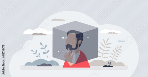 Fixed mindset and trapped thoughts in a mind box tiny person concept. Knowledge and skills management problem with afraid of mistakes and unknown vector illustration. Living in locked brain box.