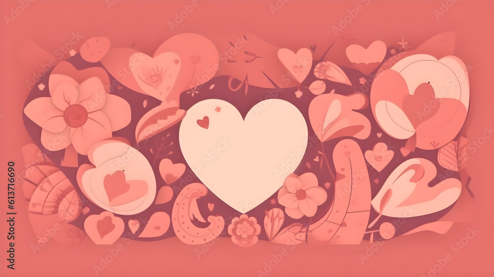 Illustration of pink template copy space heart or love shape and flower ornament element. Valentines day, birthday, wedding anniversary, present or romantic couple greetings. Generative AI technology.