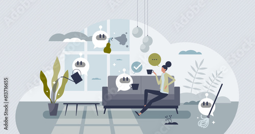 AI in everyday life as artificial intelligence in home tiny person concept. Technology support for house works with cleaning and practical tasks vector illustration. Innovation and smart revolution.