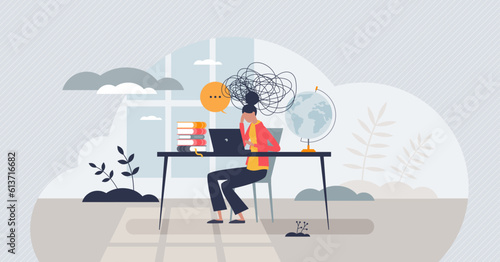 Student mental health with tired, exhausted female tiny person concept. Study problems with psychological burnout, emotional tiredness and anxiety issues vector illustration. Hard university stress.