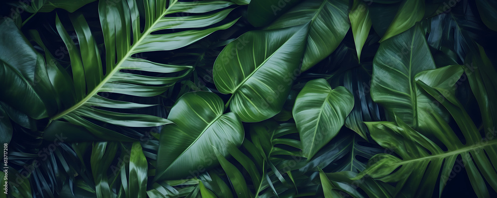 closeup tropical green leaf background. Flat lay, fresh wallpaper banner concept - obrazy, fototapety, plakaty 