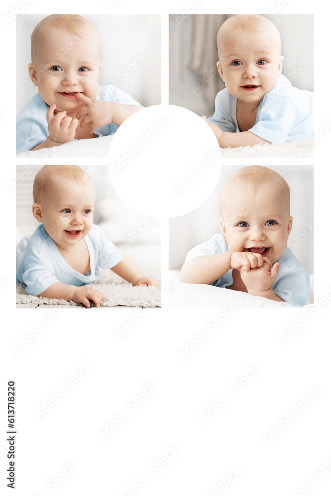 Collage with a smiling little baby in light colors with a copy space. Banner, postcard and blank for the site and marketplace. Collage with a smiling little baby in light colors with a copy space. Banner, postcard and blank for the site and marketplace.