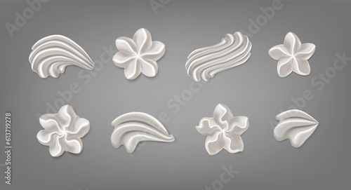 3d realistic vector icon set. Baker cream. Whipped cream swirl collection of smooth dairy icing frosting for cupcake or bakery. photo