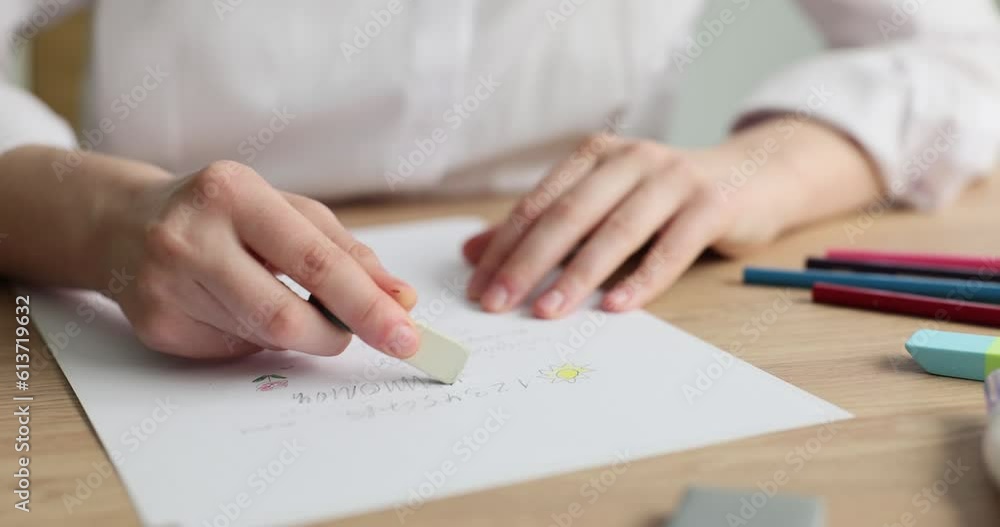 The child uses eraser and mechanical pencils, close-up. Mental disorder, school education, concept The child uses eraser and mechanical pencils, close-up. Mental disorder, school education, concept