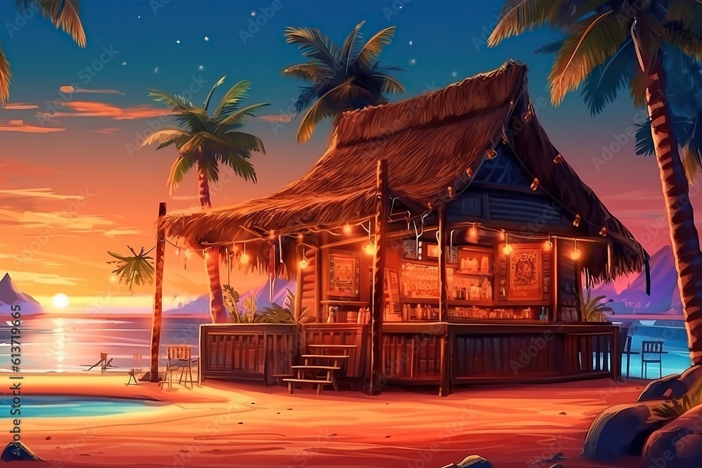 Tiki bar. Ai art. Tropical background Stock Illustration | Adobe Stock