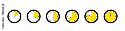 Set of timer. Stopwatch icons set. Countdown 0, 5, 15, 30, 45, 60 minutes. Timer symbol. Outline stopwatch icon. Alarm pictogram. Vector, Transparent background