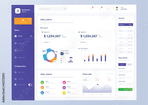 Infographic dashboard. UI design with graphs, charts and diagrams. Web interface template for business presentation.