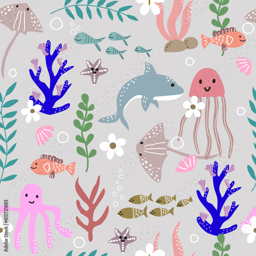 Fototapeta Naklejka Na Ścianę i Meble -  Cute seamless pattern with sharks, sea fish, shells, jellyfish, corals, sea plants, sea anemones, octopus, starfish, bubbles on gray background. Suitable for print, wallpaper and textiles.
