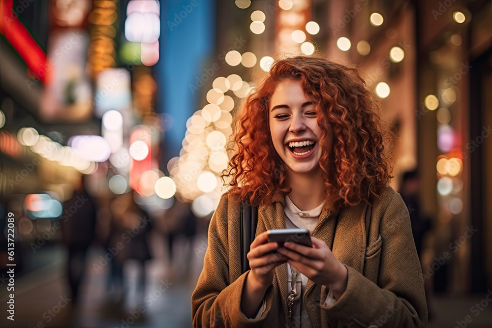 Happy woman with smart phone on street Happy woman with smart phone on street