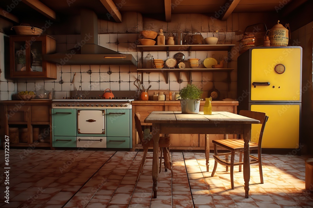 Rustic kitchen. Ai art. Retro vintage